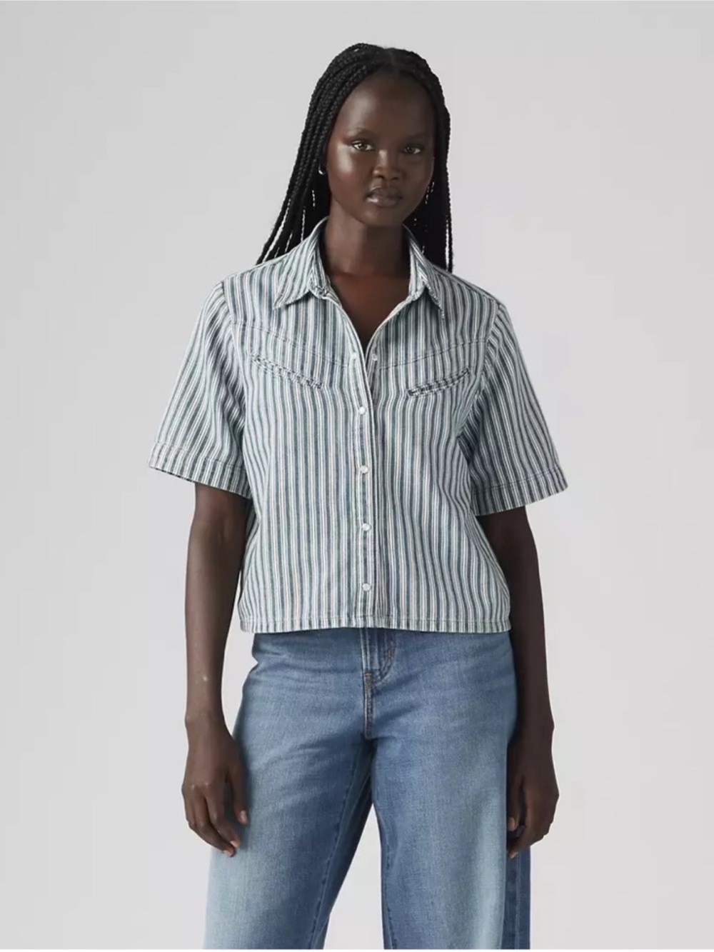 Levi's Rinoa Camp Shirt Blue Stripe Denim Western Snap Button Cropped Top M